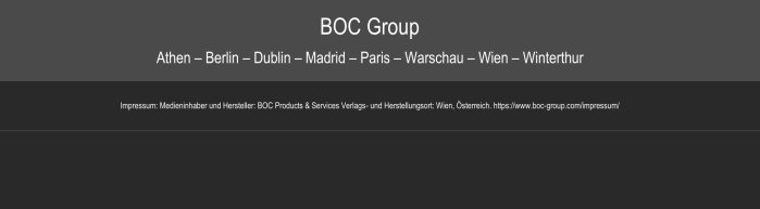 BOC Group: Athen – Berlin – Dublin – Madrid – Paris – Warschau – Wien – Winterthur. Impressum: Medieninhaber und Hersteller: BOC Products & Services Verlags- und Herstellungsort: Wien, Österreich. https://www.boc-group.com/impressum/